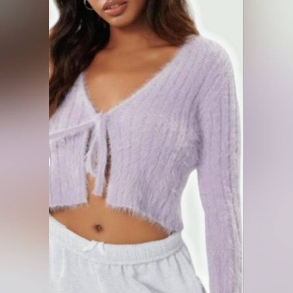 Lavender Fuzzy Cropped Cardigan Sweater By Garage